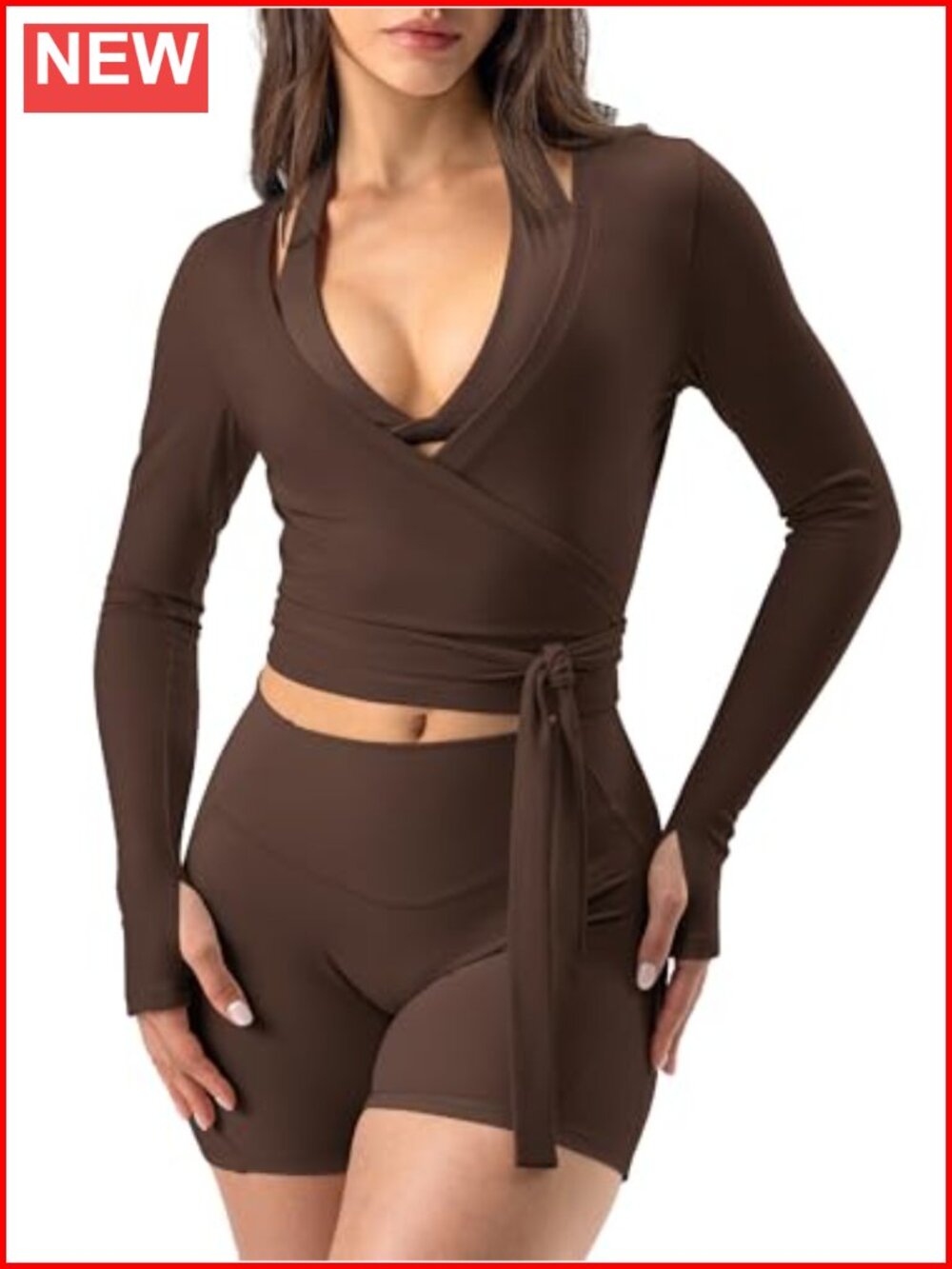 Women's Wrap Tie Pilates Top Long Sleeve Crop Yoga Ballet Tee Thumb Holes